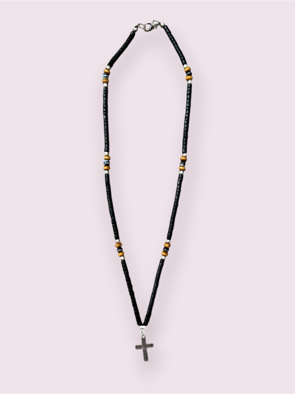 Black and Wood Line Cross  Necklace